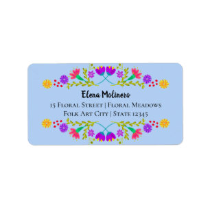 Mexican Fiesta Folk Art Flowers Light Blue Address Label