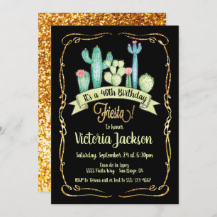 Mexican Fiesta gold glitter birthday invitation