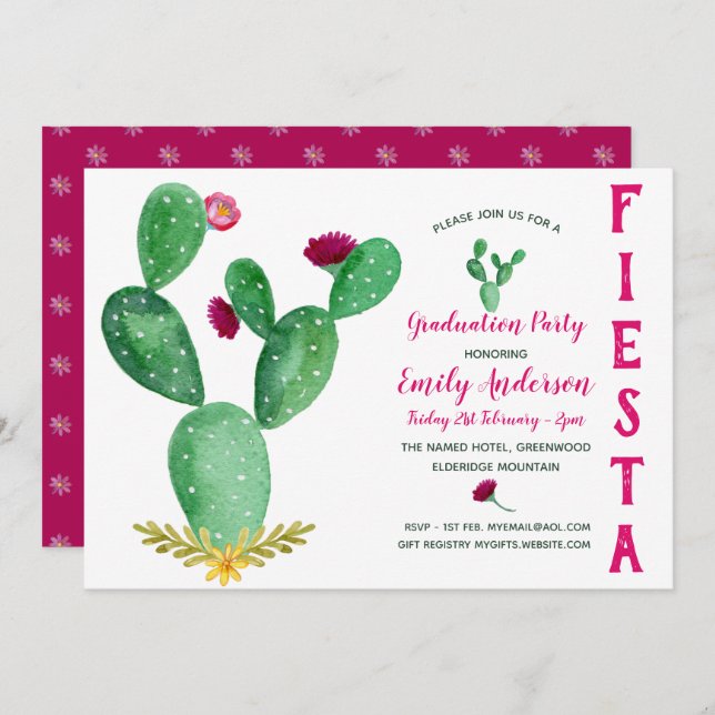Mexican Fiesta Graduation Invitation Cacti Pink (Front/Back)