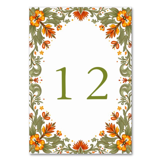 Mexican Fiesta Green Talavera Wedding Table Number (Front)
