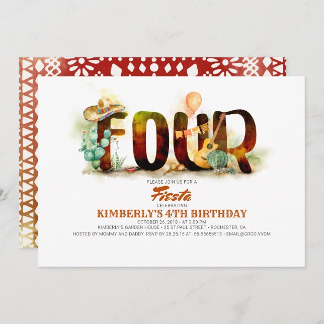 Mexican Fiesta Kids 4th Birthday Party Invitation (Front/Back)