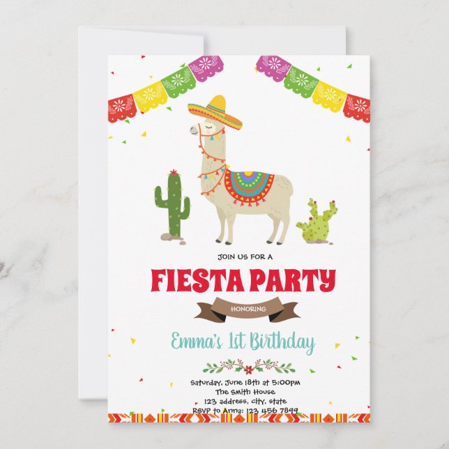 Mexican fiesta llama birthday invitation (Front)
