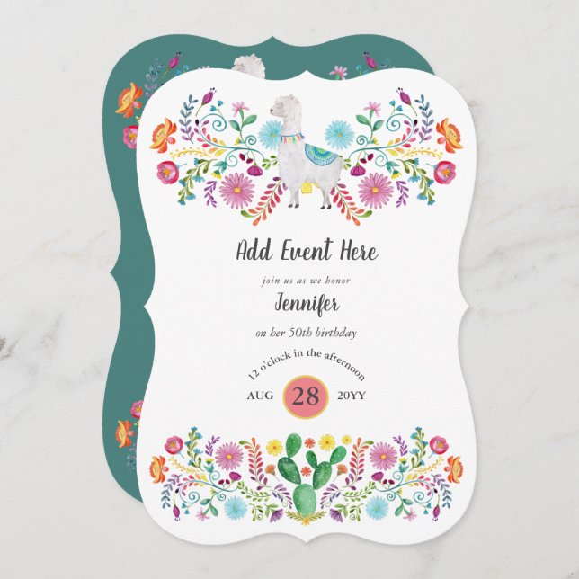 Mexican Fiesta Llama Folk Flowers Cacti ANY EVENT Invitation (Front/Back)