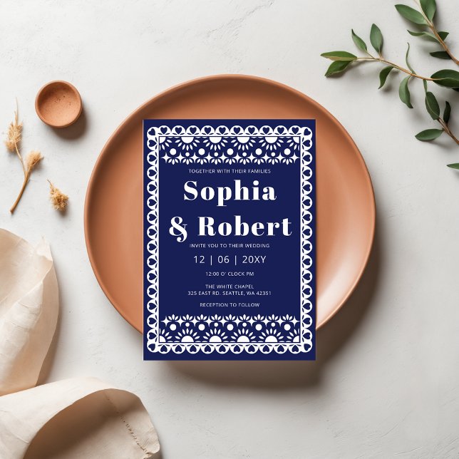 Mexican Fiesta Navy Papel Picado Boho Wedding Invitation (Mexican Fiesta Navy Papel Picado Boho Wedding Invitation)