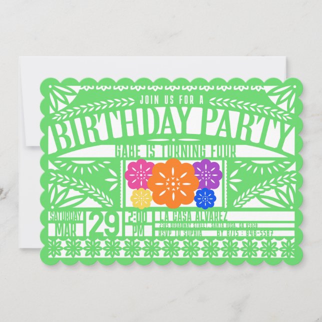 Mexican Fiesta Papel Picado Flag GREEN Birthday Invitation (Front)