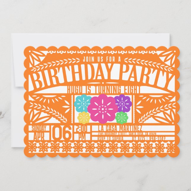 Mexican Fiesta Papel Picado Flag ORANGE Birthday Invitation (Front)