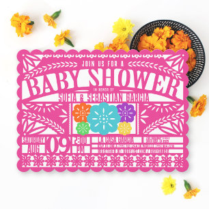 Mexican Fiesta Papel Picado Flag PINK Baby Shower Invitation