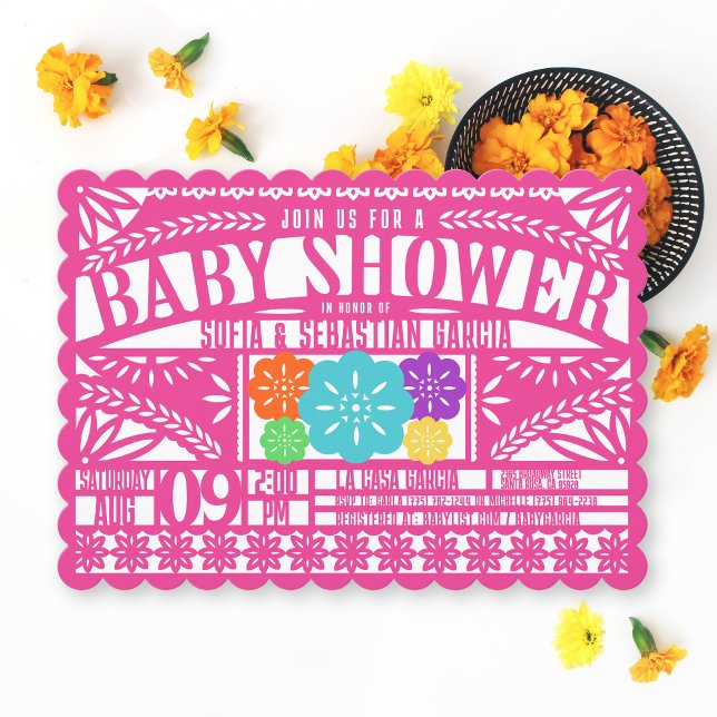 Mexican Fiesta Papel Picado Flag PINK Baby Shower Invitation (Colorful bright fuchsia hot pink Papel Picado Flag Banner Mexican Fiesta baby girl shower invitation)