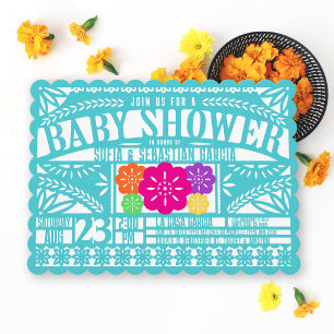 Mexican Fiesta Papel Picado Flag TEAL Baby Shower Invitation