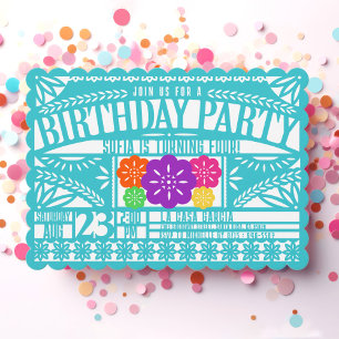 Mexican Fiesta Papel Picado Flag TEAL Birthday Invitation