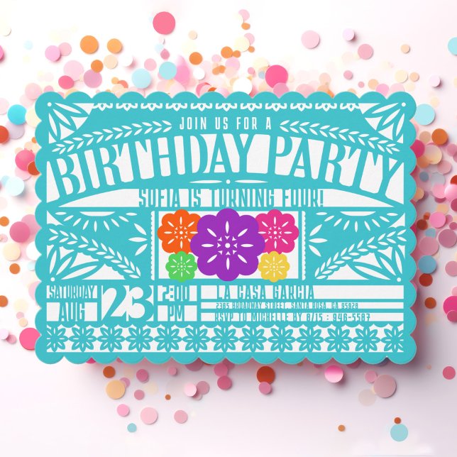 Mexican Fiesta Papel Picado Flag TEAL Birthday Invitation (Bright colorful teal blue Papel Picado Flag style scalloped birthday party invite for kids & adults)