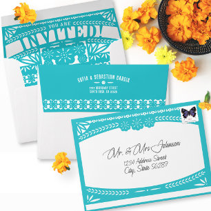 Mexican Fiesta Papel Picado Flag TEAL Invitation Envelope