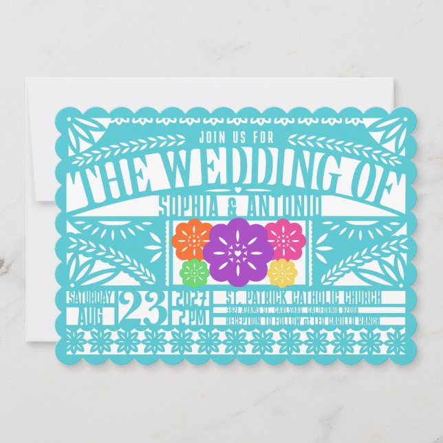 Mexican Fiesta Papel Picado Flag TEAL Wedding Invitation (Front)