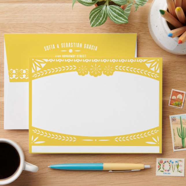 Mexican Fiesta Papel Picado Flag YELLOW Invitation Envelope (Desk)