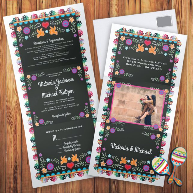 Mexican Fiesta Papel Picado Wedding Tri-Fold Invitation (Creator Uploaded)