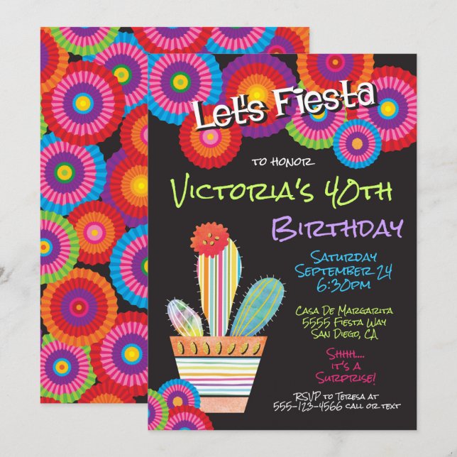 Mexican Fiesta Paper Flowers cactus invitations (Front/Back)