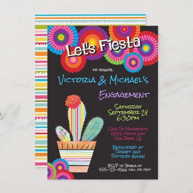 Mexican Fiesta Paper Flowers cactus invitations (Front/Back)