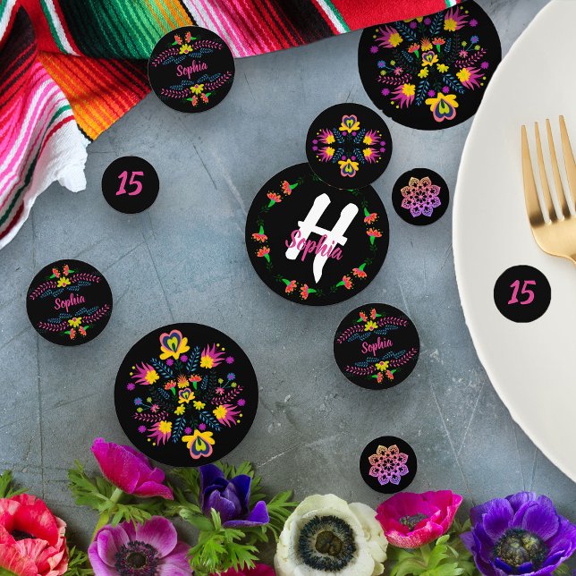 Mexican Fiesta Party Black Floral Personalised Confetti (Table Confetti from my Mexican Fiesta Party Quinceanera Collection 
)