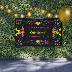 Mexican Fiesta Party Black Quinceanera Birthday Banner