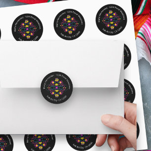 Mexican Fiesta Party Flowers Black Address Classic Round Sticker
