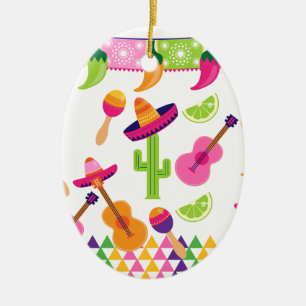 Mexican Fiesta Party Sombrero Saguaro Lime Peppers Ceramic Ornament
