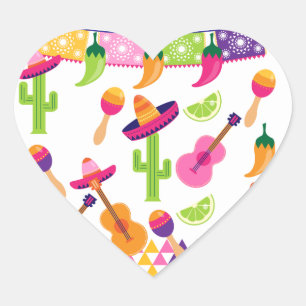 Mexican Fiesta Party Sombrero Saguaro Lime Peppers Heart Sticker