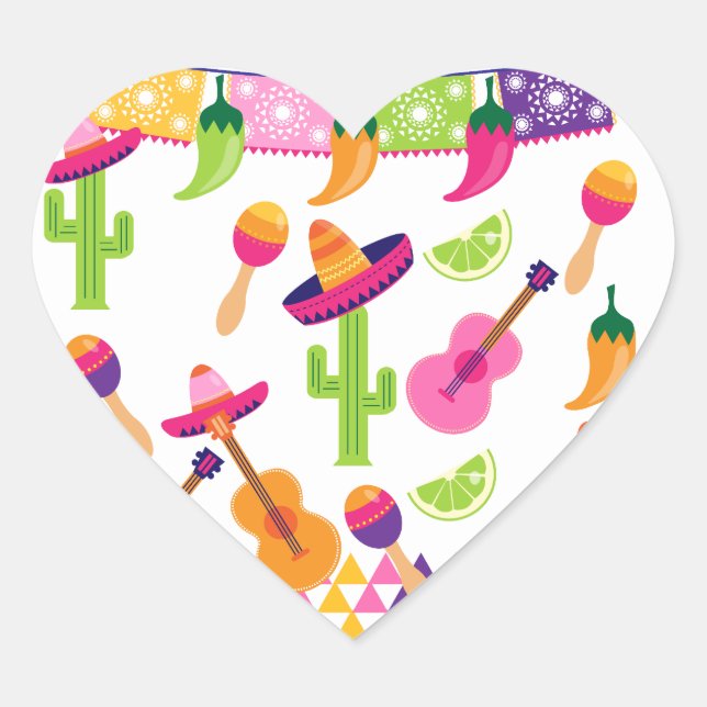 Mexican Fiesta Party Sombrero Saguaro Lime Peppers Heart Sticker (Front)