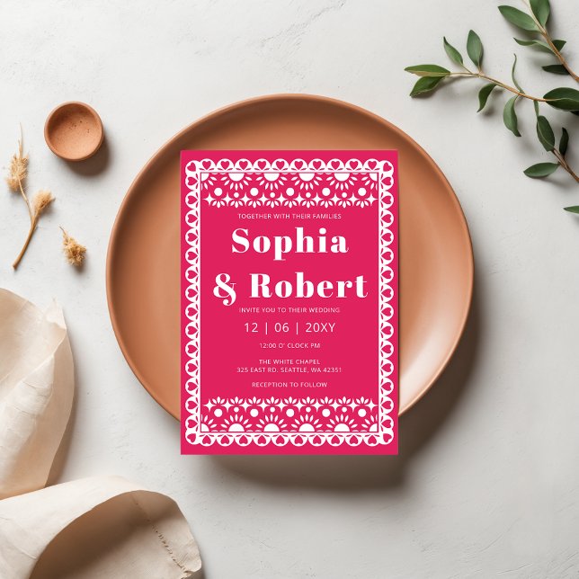 Mexican Fiesta Pink Papel Picado Boho Wedding Invitation (Mexican Fiesta Pink Papel Picado Boho Wedding Invitation)