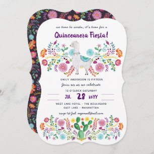 Mexican FIESTA Quinceanera Folk Flowers Llama Cute Invitation