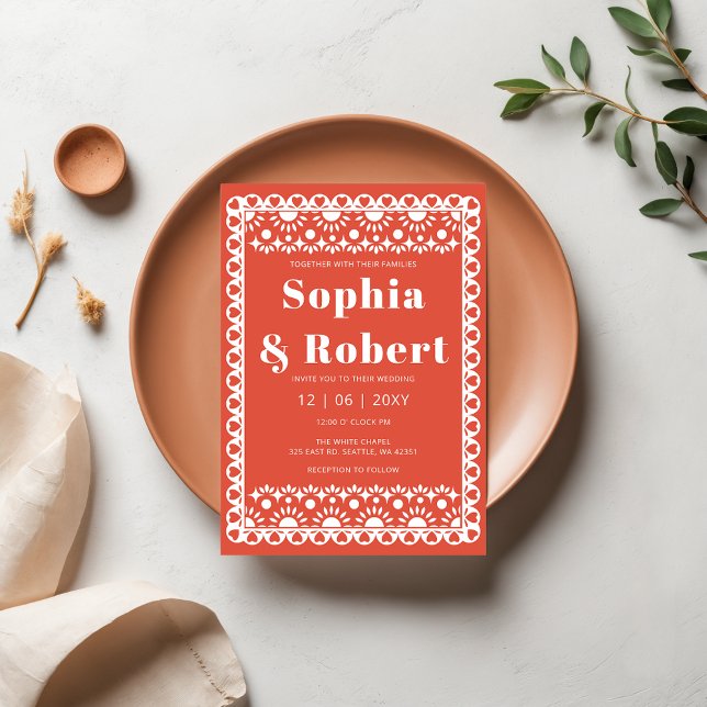 Mexican Fiesta Red Papel Picado Boho Wedding Invitation (Mexican Fiesta Red Papel Picado Boho Wedding Invitation)