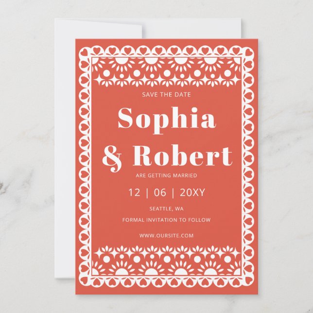 Mexican Fiesta Red Papel Picado Boho Wedding Save The Date (Front)