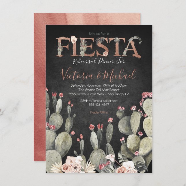 Mexican Fiesta Rehearsal Dinner Cactus Floral Invitation (Front/Back)