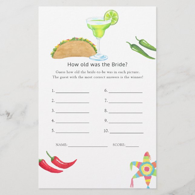 Mexican Fiesta Taco 'bout Love Bridal Shower Game (Front)