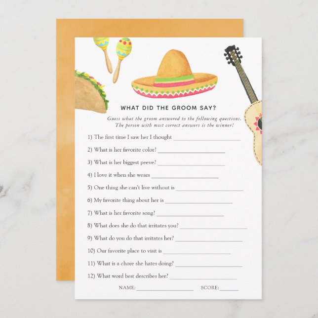 Mexican Fiesta Taco Bridal Shower Game Invitation (Front/Back)