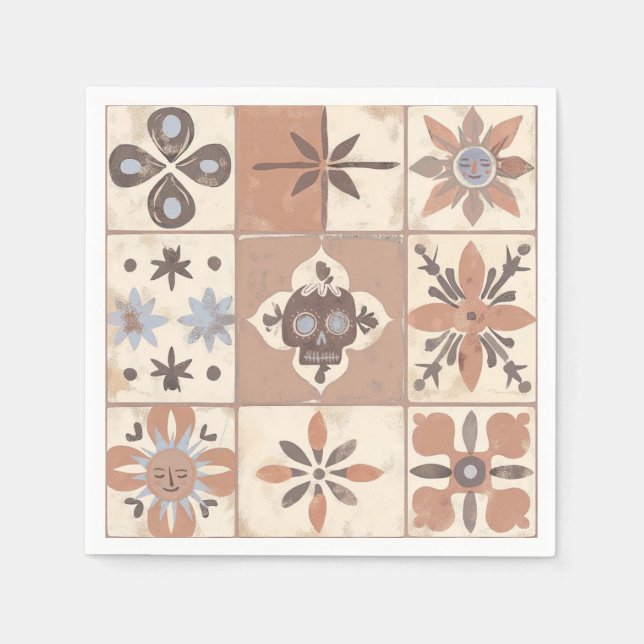 Mexican Fiesta Talavera Tile Neutral Skull Sun Napkin (Front)