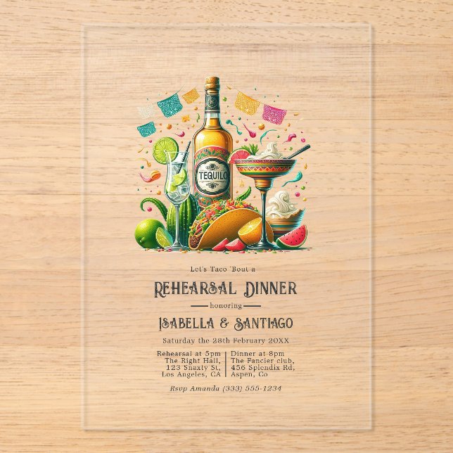 Mexican Fiesta Tequila Rehearsal Dinner Acrylic Invitations (Front)