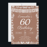 Mexican Fiesta Terracotta 60th Birthday Invitation<br><div class="desc">Celebrate a spectacular 60th birthday with this stunning Mexican-inspired party invitation! Featuring a personalized name header, bold "60th Birthday" milestone text, a white papel picado banner, intricate folk art floral border, and two lovebirds at the bottom on a warm terracotta brown background. Written in English, this invitation perfectly blends elegant...</div>