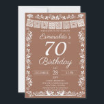Mexican Fiesta Terracotta 70th Birthday Invitation<br><div class="desc">Celebrate a spectacular 70th birthday with this stunning Mexican-inspired party invitation! Featuring a personalised name header, bold "70th Birthday" milestone text, a white papel picado banner, intricate folk art floral border, and two lovebirds at the bottom on a warm terracotta brown background. Written in English, this invitation perfectly blends elegant...</div>