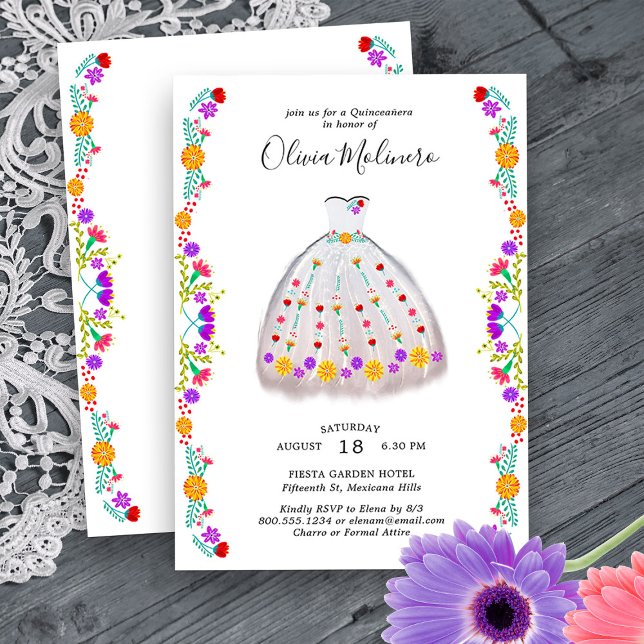 Mexican Fiesta White Floral Charro Quinceanera Invitation (Quinceanera Princess Dress Invitation from my Mexican Fiesta Flowers Quinceanera Collection)