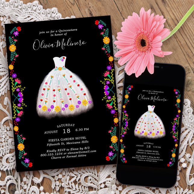 Mexican Fiesta White Floral Princess Quinceanera Invitation (Princess Dress Quinceanera invitation from my Mexican Fiesta Floral collection
)