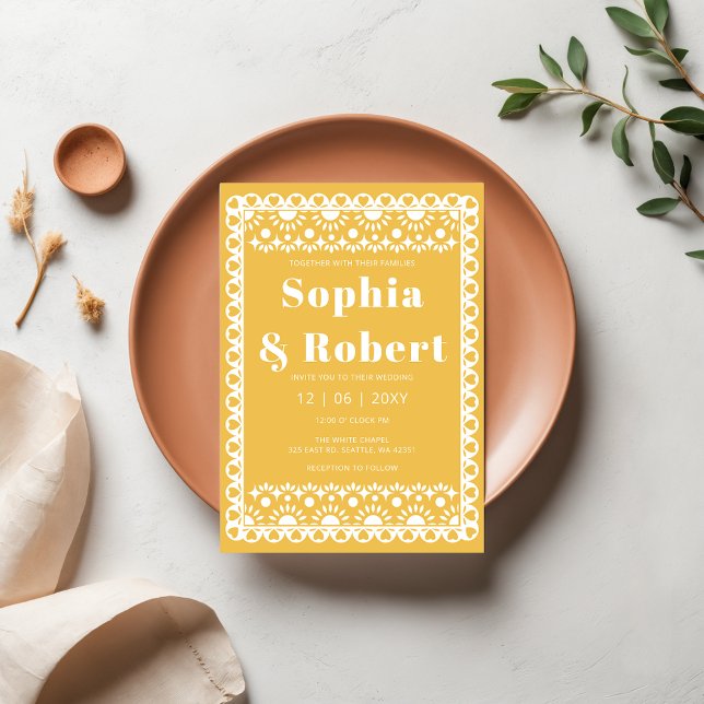 Mexican Fiesta Yellow Papel Picado Boho Wedding Invitation (Mexican Fiesta Yellow Papel Picado Boho Wedding Invitation)
