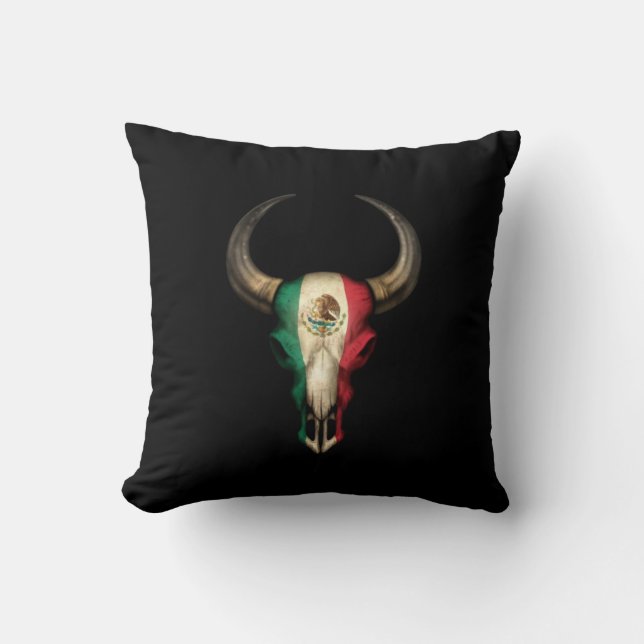 Mexican Flag Bull Skull on Black Cushion (Front)