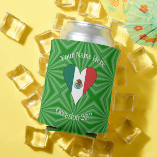 Mexican Flag Heart Green Background Personal Text Can Cooler