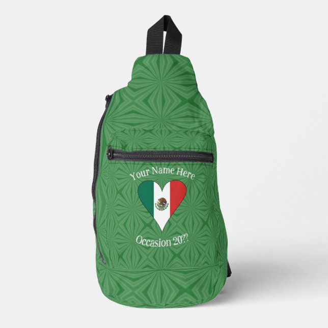 Mexican Flag Heart Green Background Personal Text Sling Bag (Front)