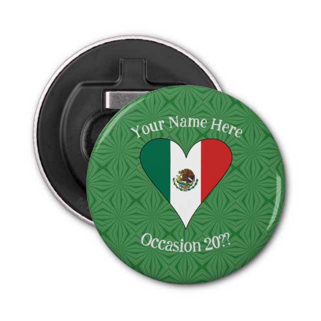 Mexican Flag Heart Green Background Personalised  Bottle Opener (Front)