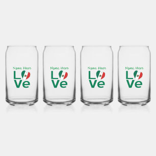 Mexican Flag Heart Green LOVE Personalised Can Glass