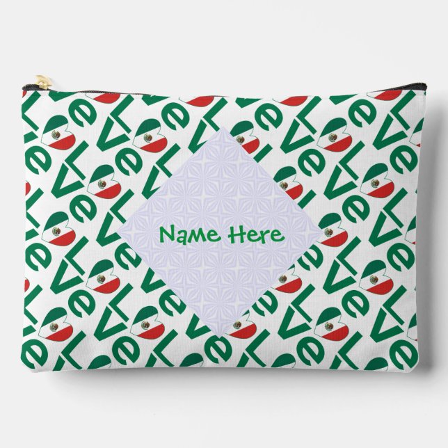 Mexican Flag Heart Green LOVE Tiled Personalised  Accessory Pouch (Front)