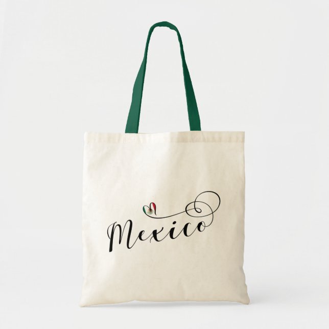 Mexican Flag Heart, I Love Mexico Tote Bag (Front)