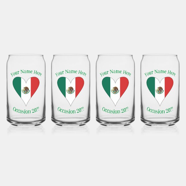 Mexican Flag Heart Personalised Drinking Can Glass (Front)