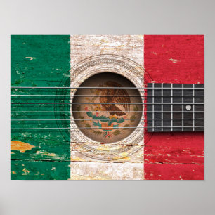 Mexican Flag on Old Acoustic Guitar Poster